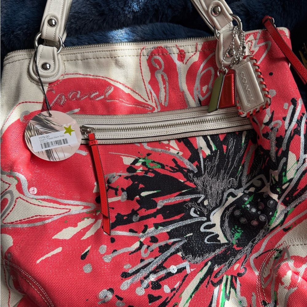 Coach Red and Cream Floral Tote